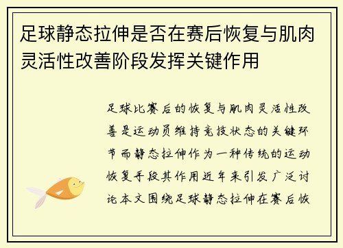 足球静态拉伸是否在赛后恢复与肌肉灵活性改善阶段发挥关键作用